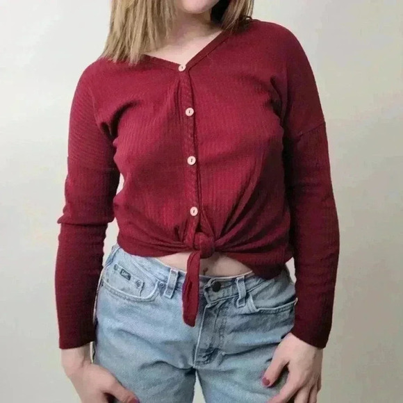 Paper Crane Tops - Maroon Burgundy Waffle Knit Crop Top Long Sleeve - XS